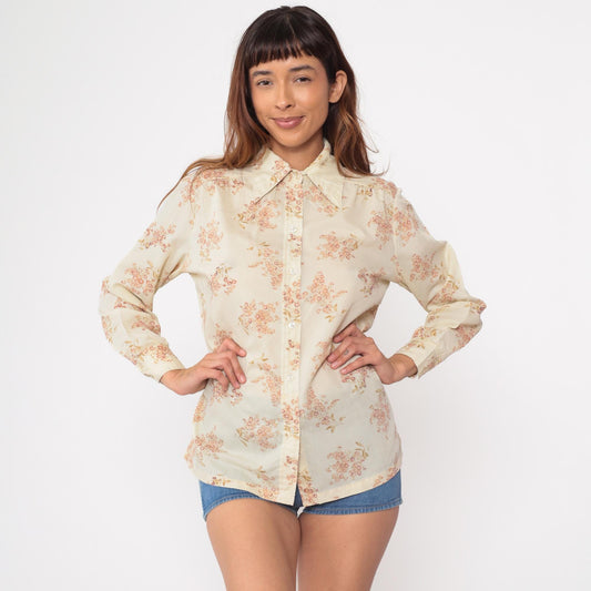 70s Ship n Shore Floral Button-Up Blouse Cream Peach Blossoms Medium M