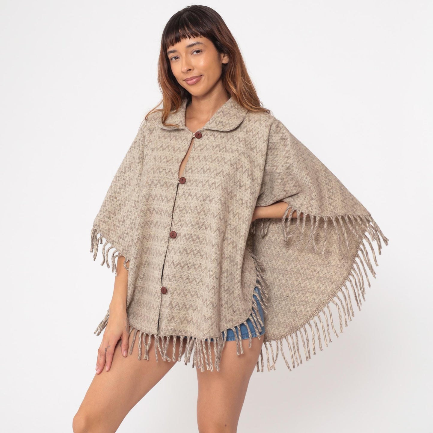 70s Wool Poncho Beige Brown Chevron Fringe Button Collar Cape One Size