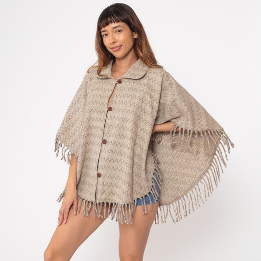 70s Wool Poncho Beige Brown Chevron Fringe Button Collar Cape One Size