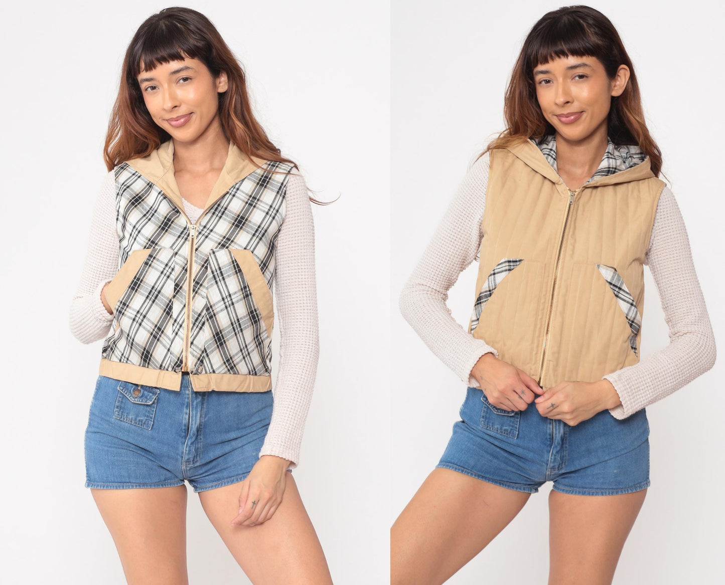70s Reversible Plaid Hooded Quilted Vest Tan Black White Checkered XS