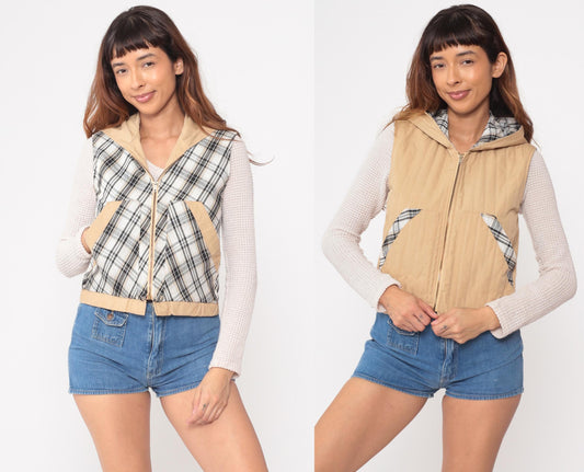 70s Reversible Plaid Hooded Quilted Vest Tan Black White Checkered XS