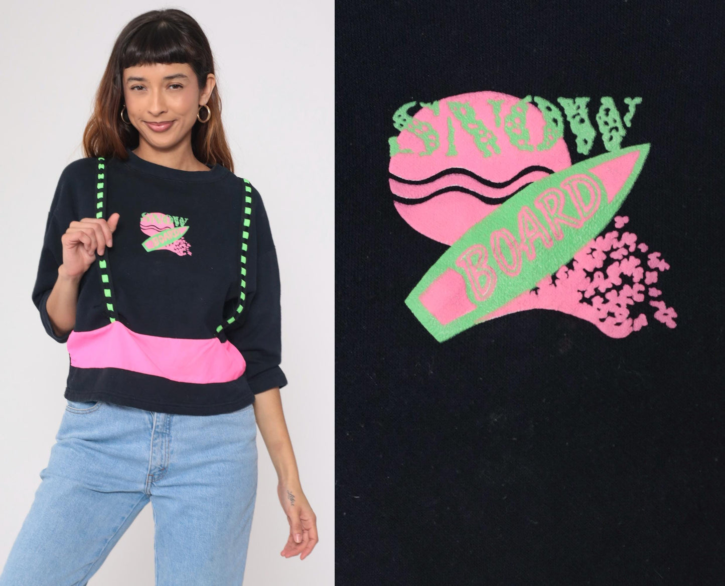 90s Obvious Snowboard Sweatshirt Black Neon Pink Green Cropped Medium M
