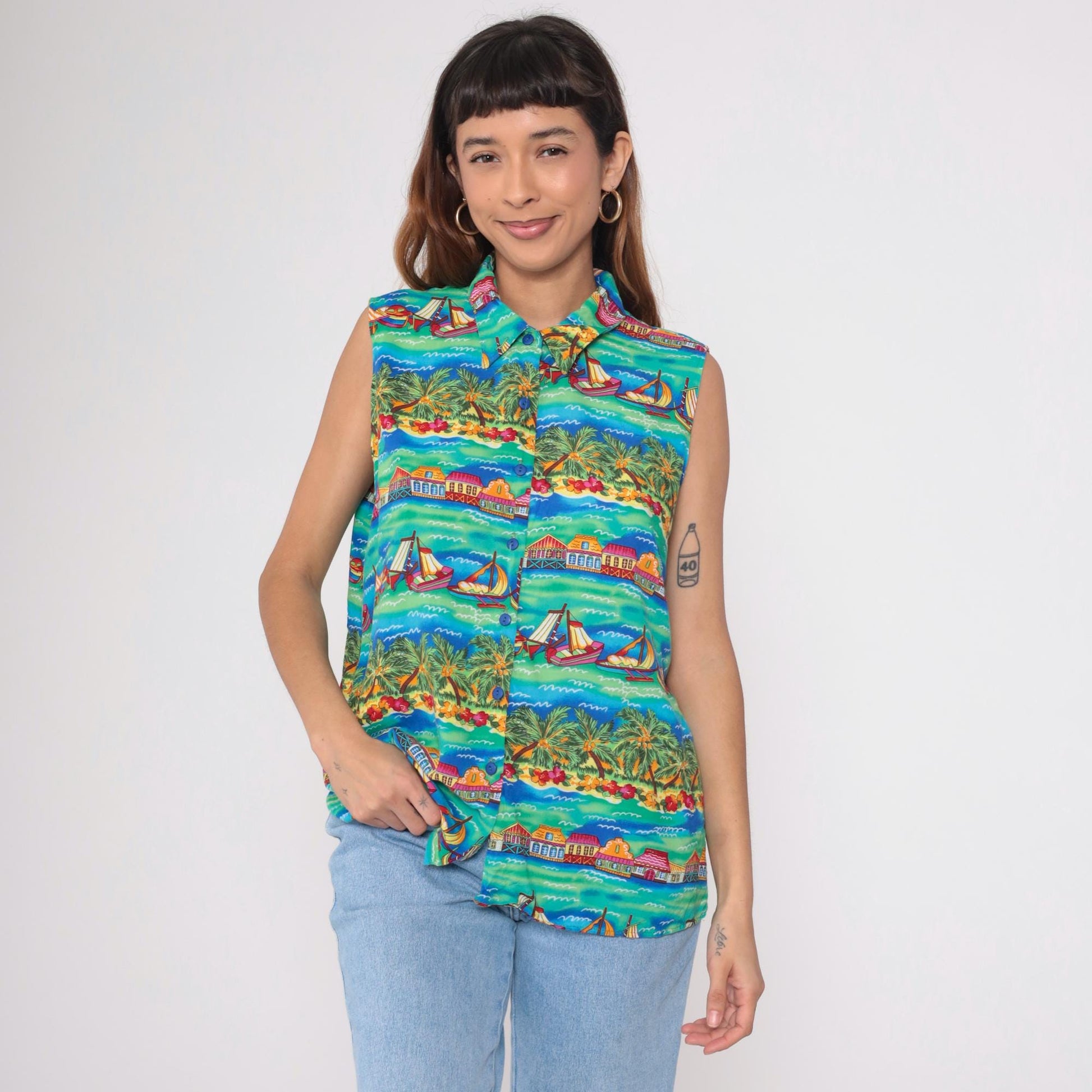 90s Caribou Tropical Island Sleeveless Shirt Teal Sailing Boat Print Extra Large