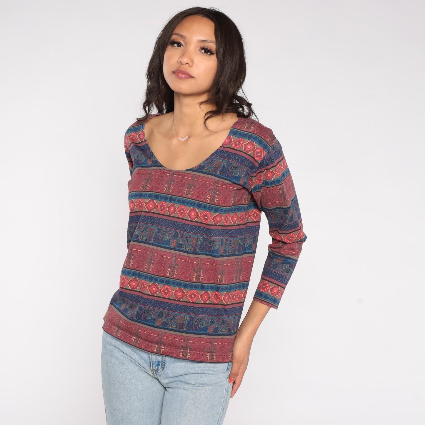 90s Chicos Design Southwestern Tribal Print Top Burgundy Navy Cotton Small