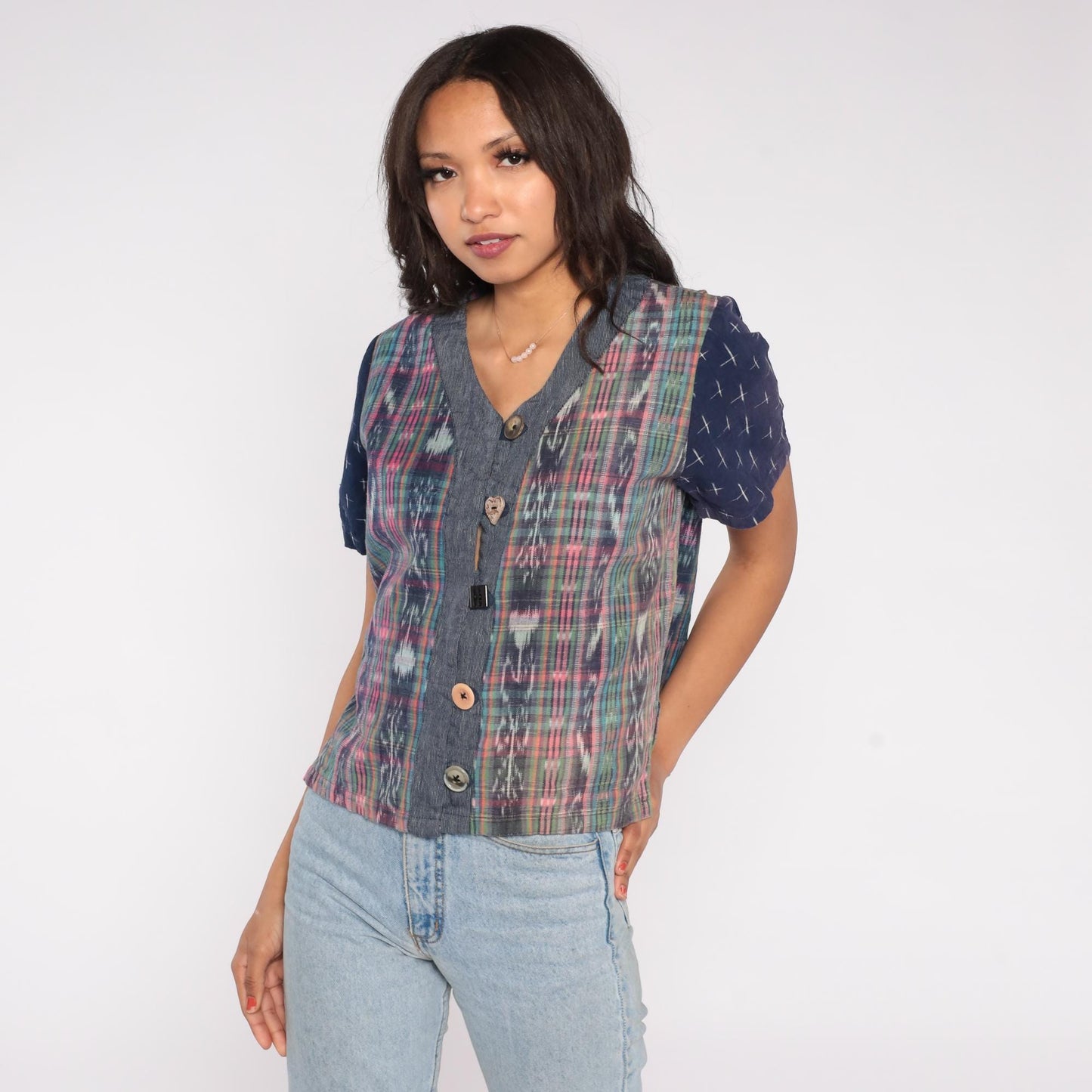 90s Patchwork Button Up Ikat Print Navy Chambray Short Sleeve Small P