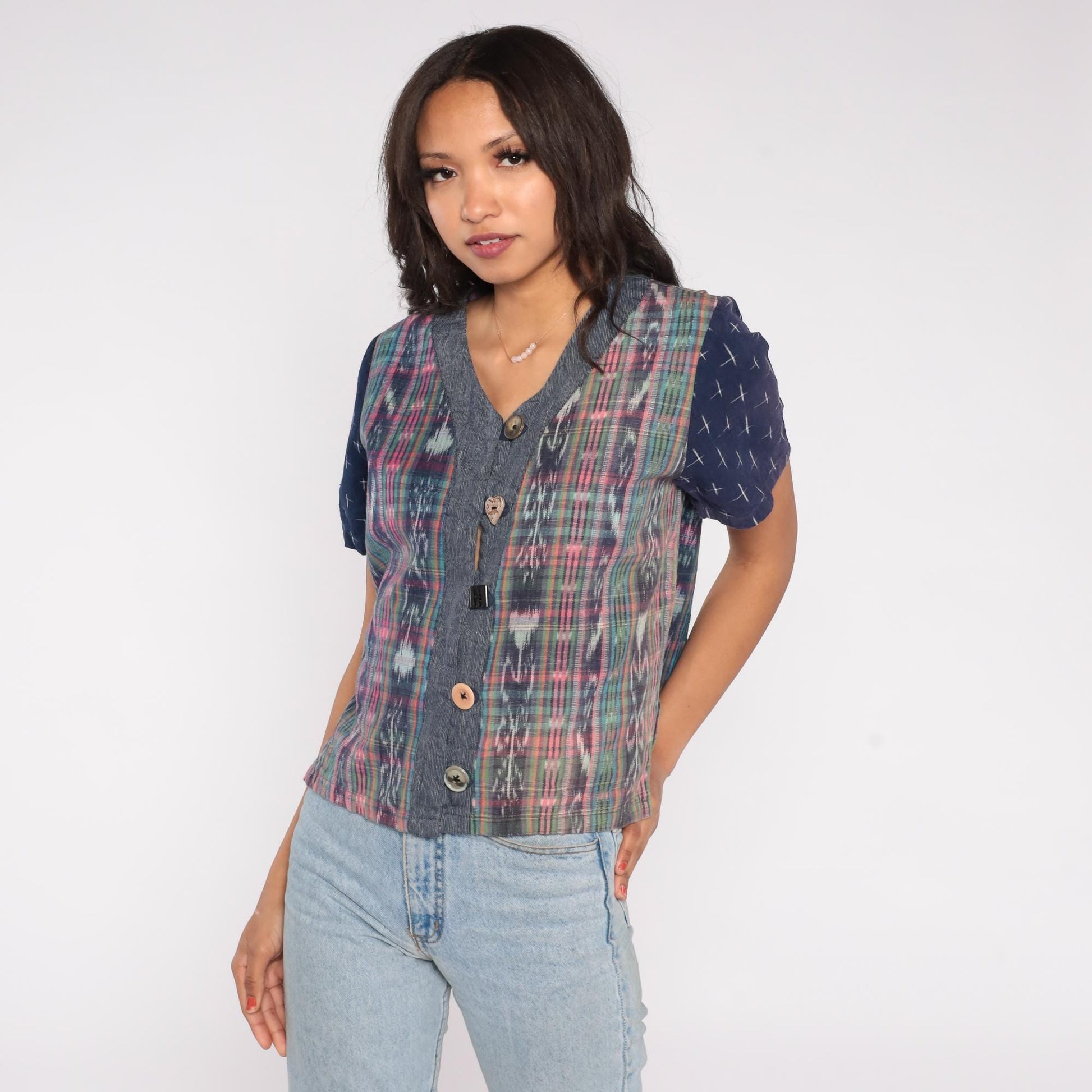 90s Patchwork Button Up Ikat Print Navy Chambray Short Sleeve Small P