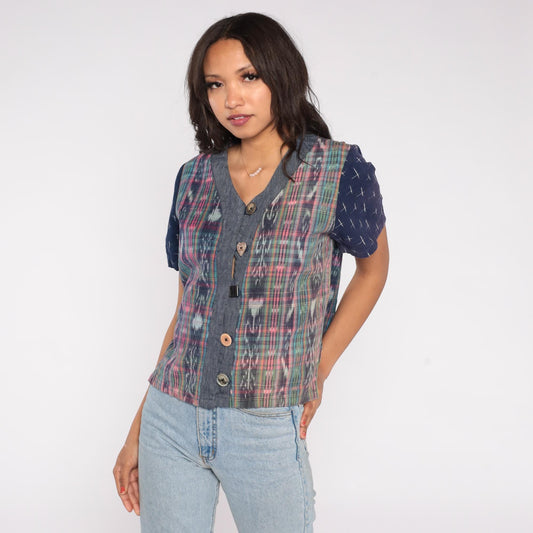 90s Patchwork Button Up Ikat Print Navy Chambray Short Sleeve Small P