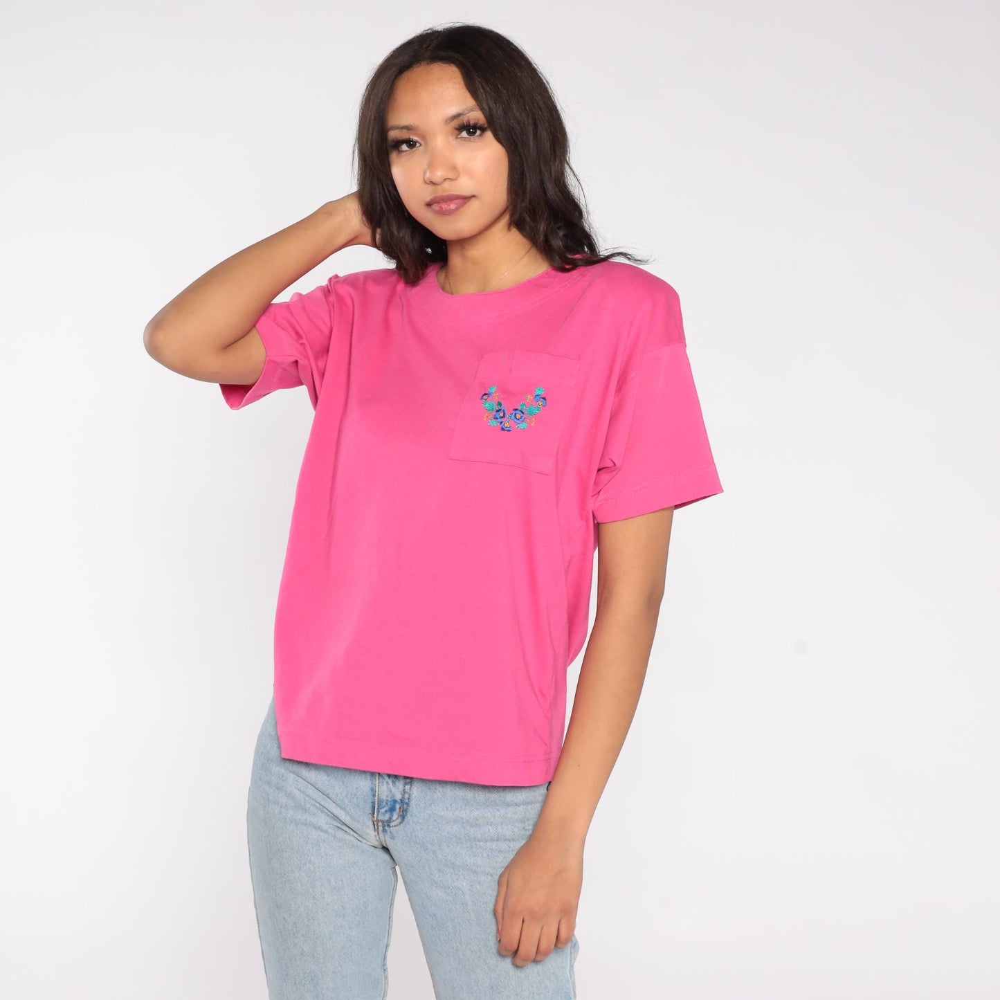 90s Colter Bay Sport Hot Pink T-Shirt Floral Embroidered Pocket Tee Large L