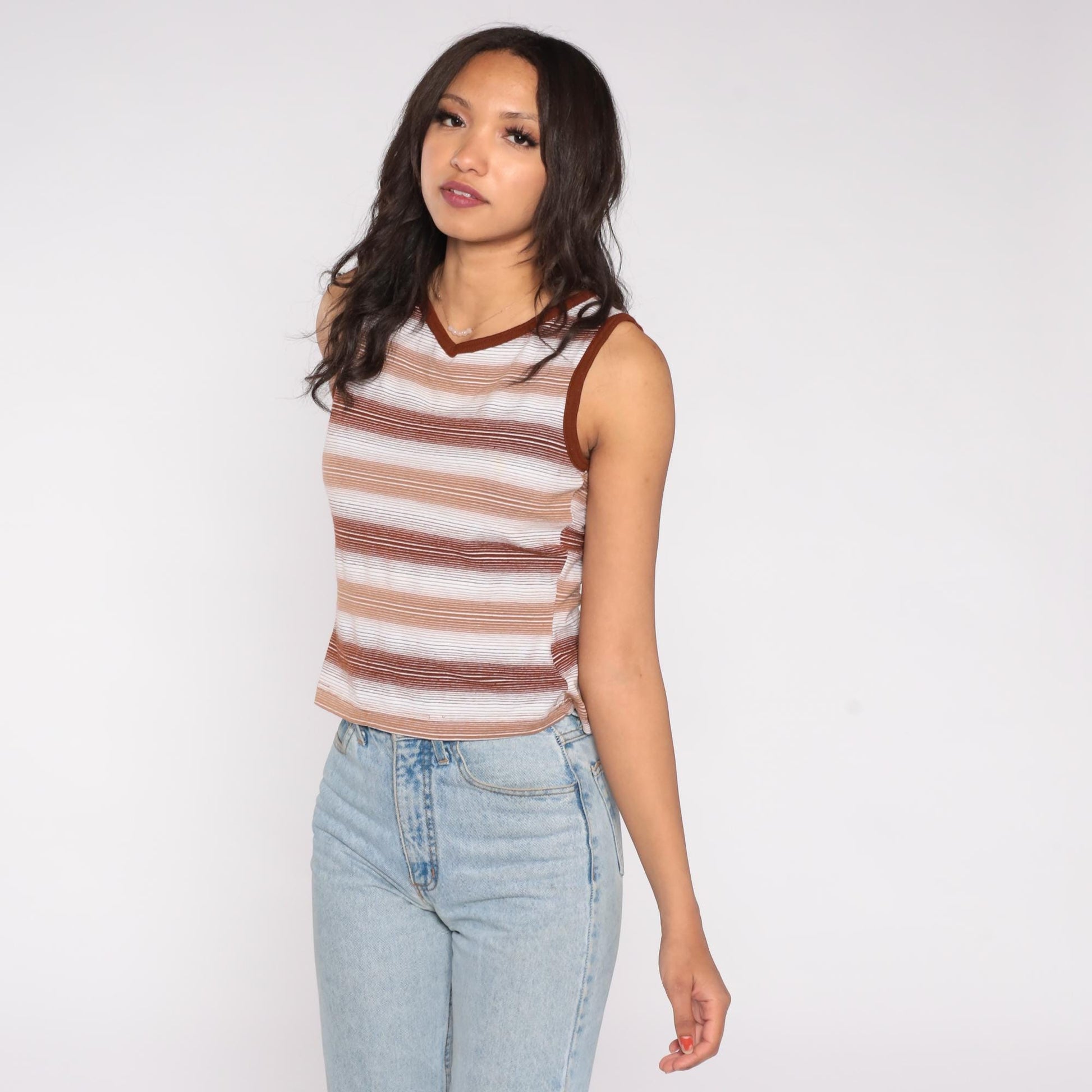 70s Brown Striped Tank Top V Neck Knit Fitted Shirt Small S