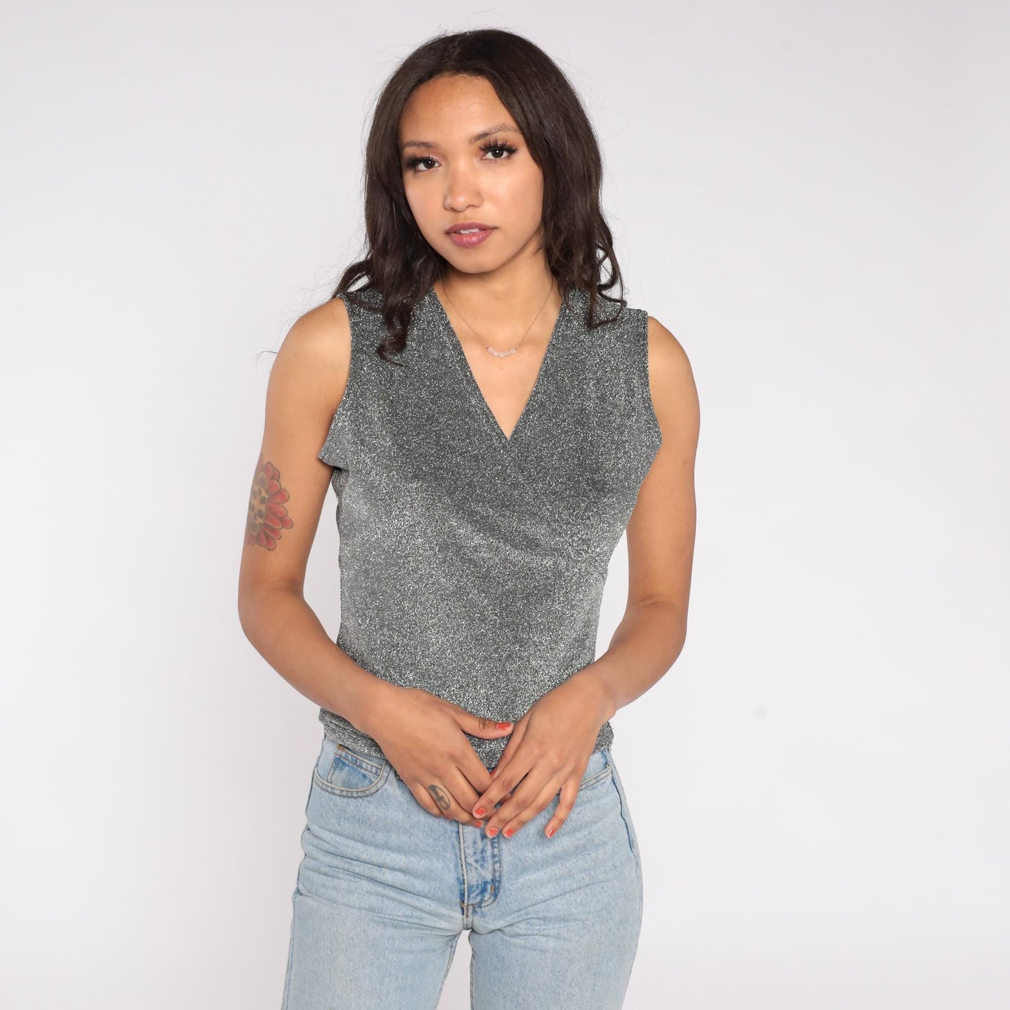 90s Jaipur Metallic Silver Wrap Tank Top Sparkle Lurex Large L