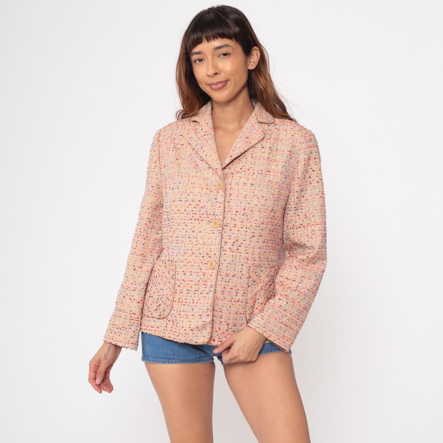 Y2K Leweixin Peach Confetti Blazer Notched Multicolor Textured XXL