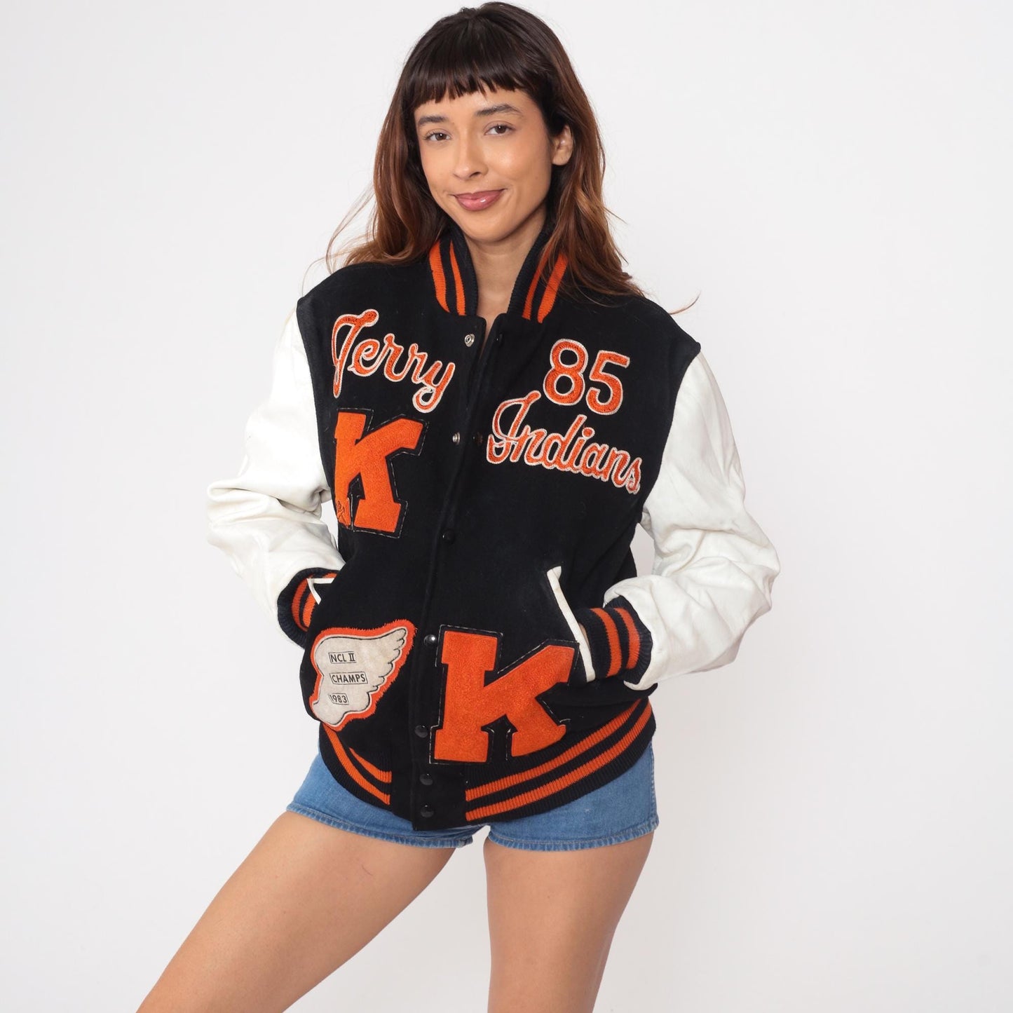 80s Terry Indians Varsity Letterman Jacket Wool Leather Small