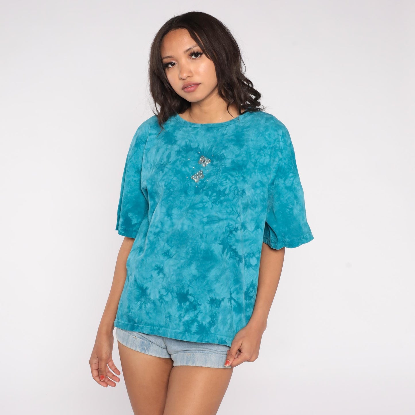 90s Cactus Bay Tie Dye Butterfly T-Shirt Teal Rhinestone Cotton Large L