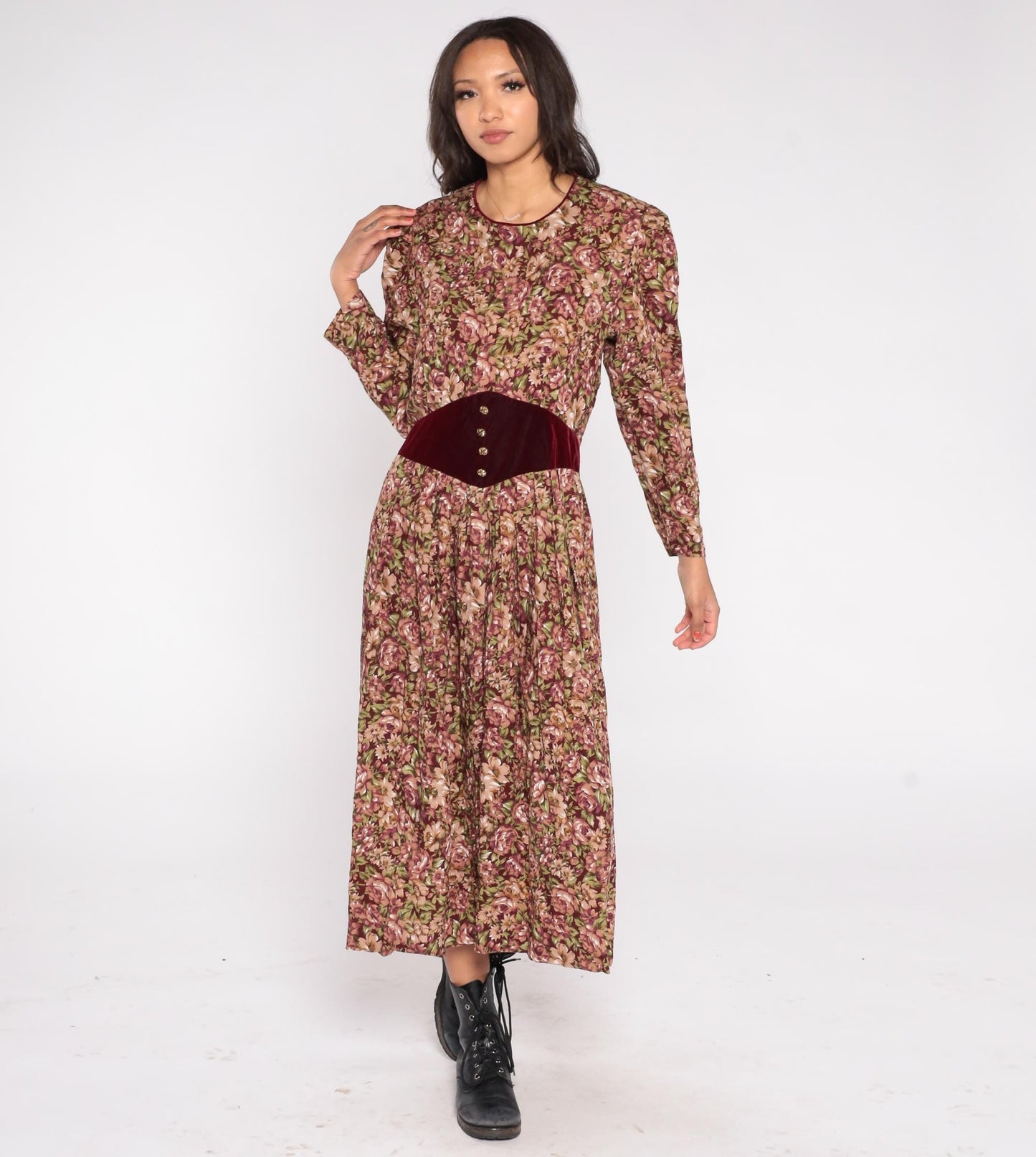 90s Miss Dorby Floral Velvet Midi Dress Burgundy Rose Long Sleeve Large