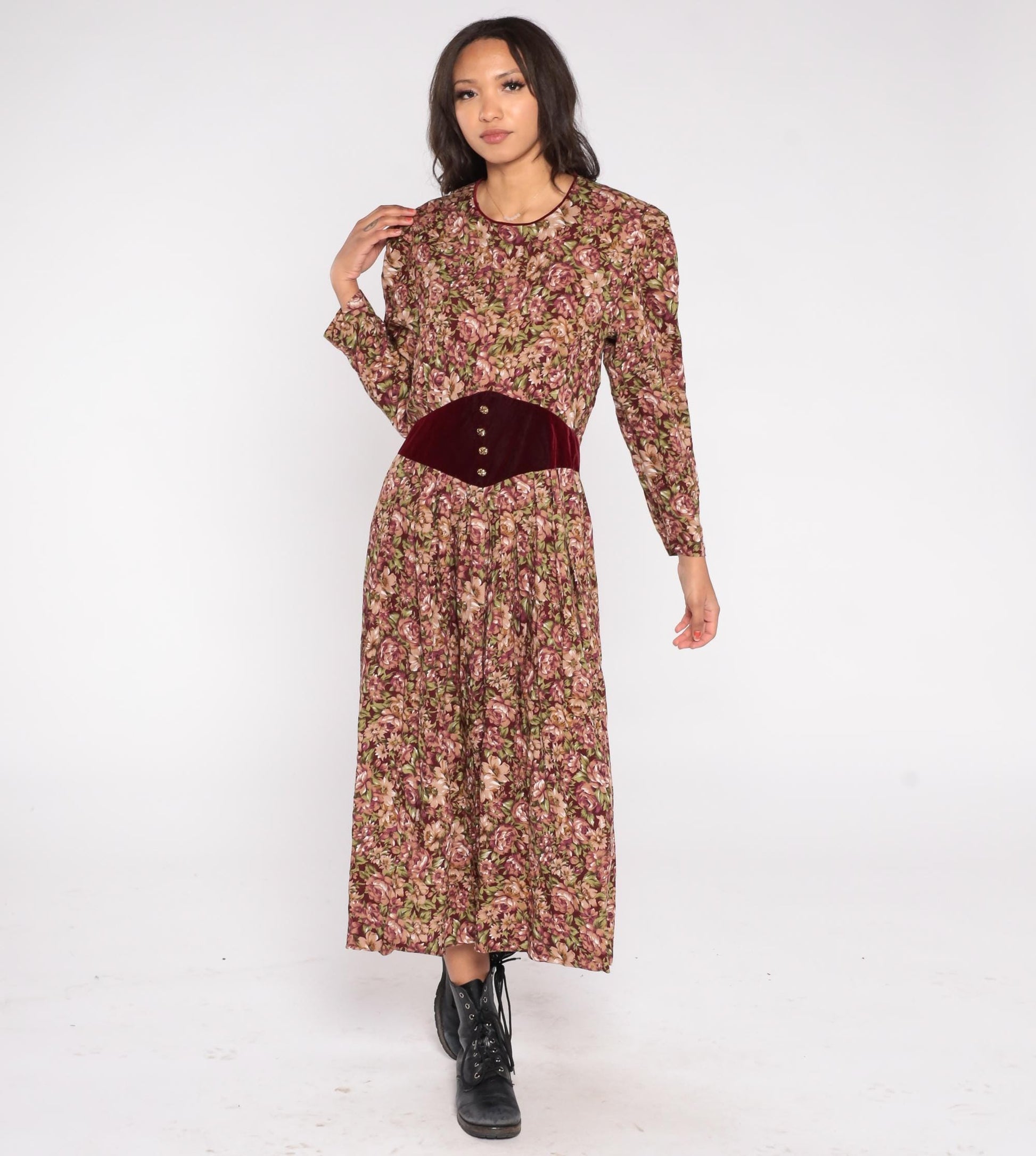 90s Miss Dorby Floral Velvet Midi Dress Burgundy Rose Long Sleeve Large