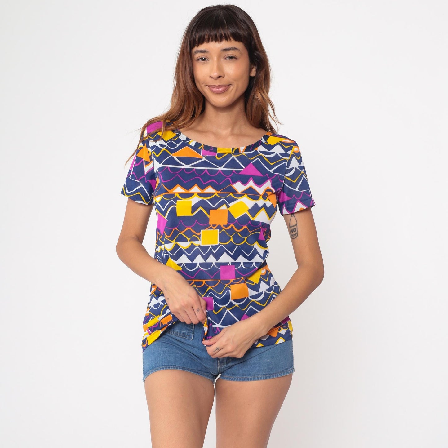 80s Speedo Geometric Top Navy Blue Pink Yellow Abstract Scoop Neck Small