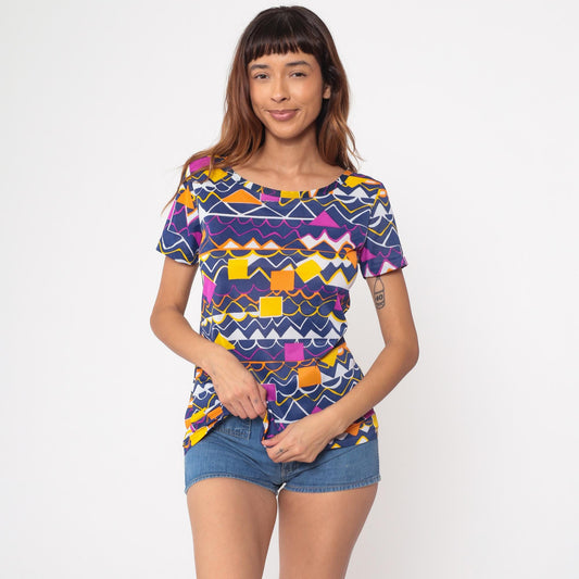 80s Speedo Geometric Top Navy Blue Pink Yellow Abstract Scoop Neck Small