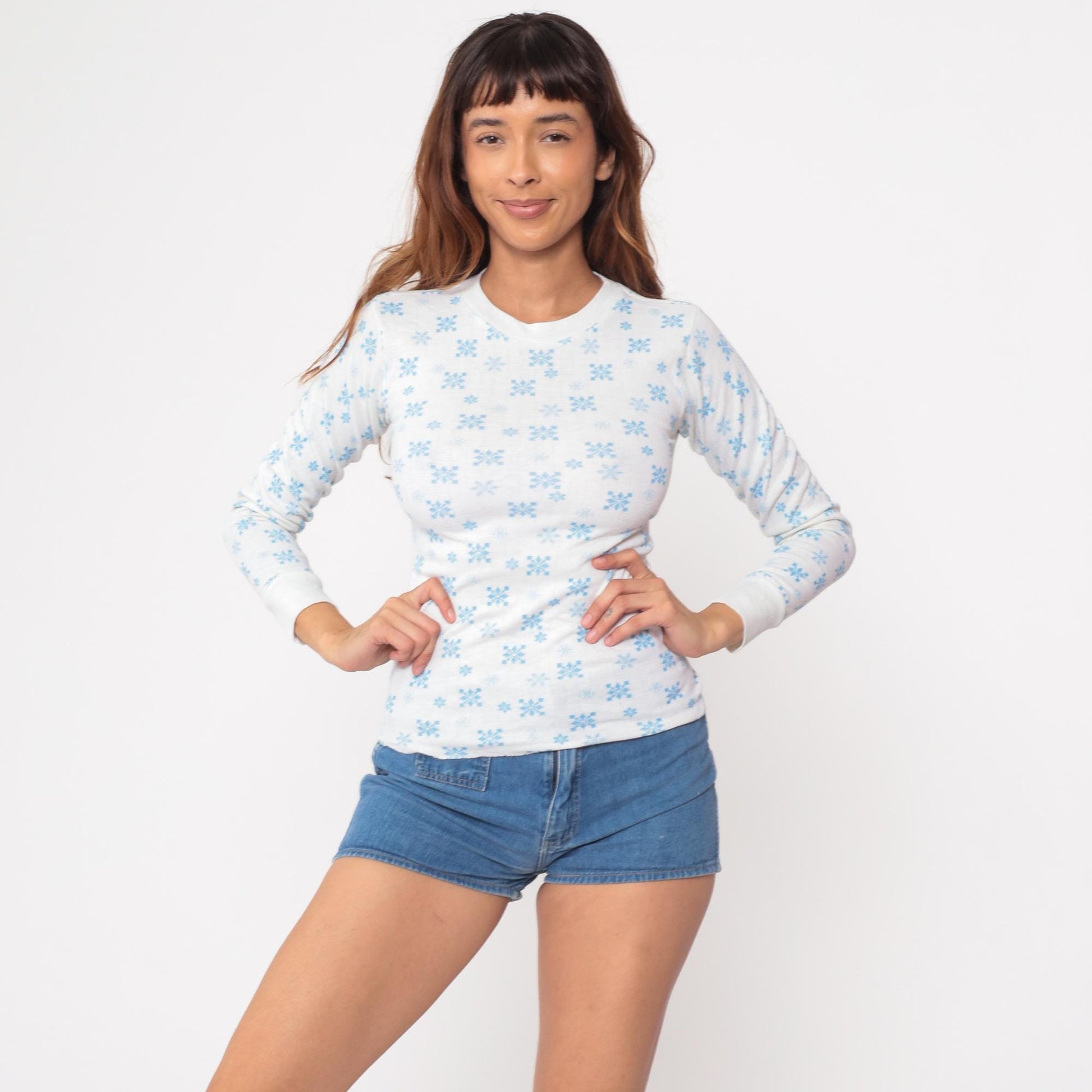 80s Winterskins Snowflake Thermal Long Sleeve Shirt White Blue Small