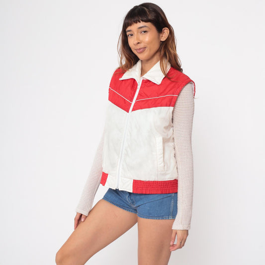 80s Red White Puffer Vest Western Yoke Sleeveless Zip Jacket Medium