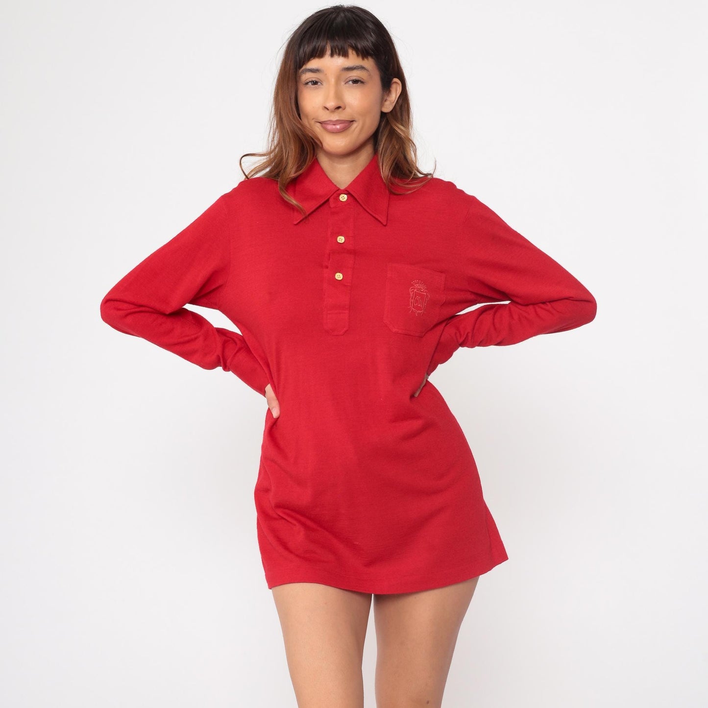 70s Countess Mara Red Polo Shirt Gold Buttons Embroidered Crest Large L