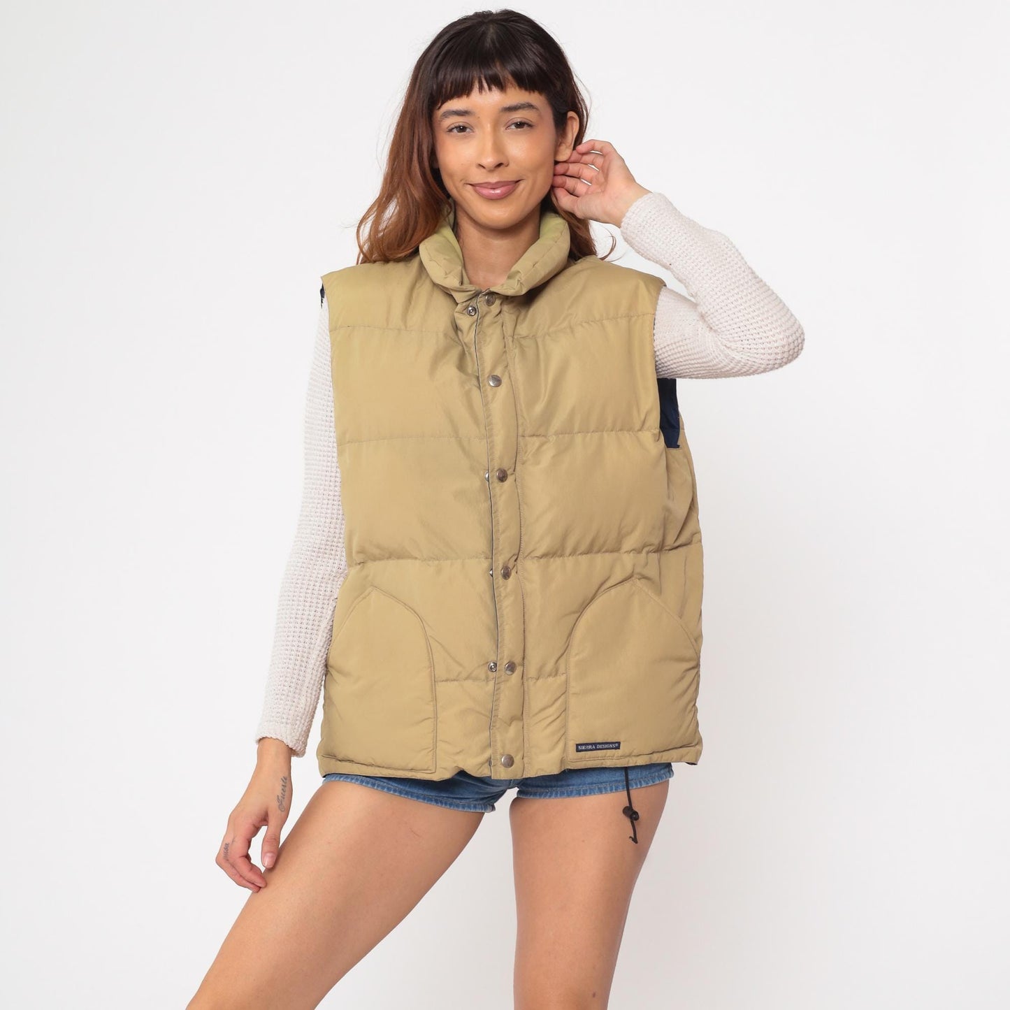 90s Sierra Designs Goose Down Vest Khaki Tan Navy Lining Large L