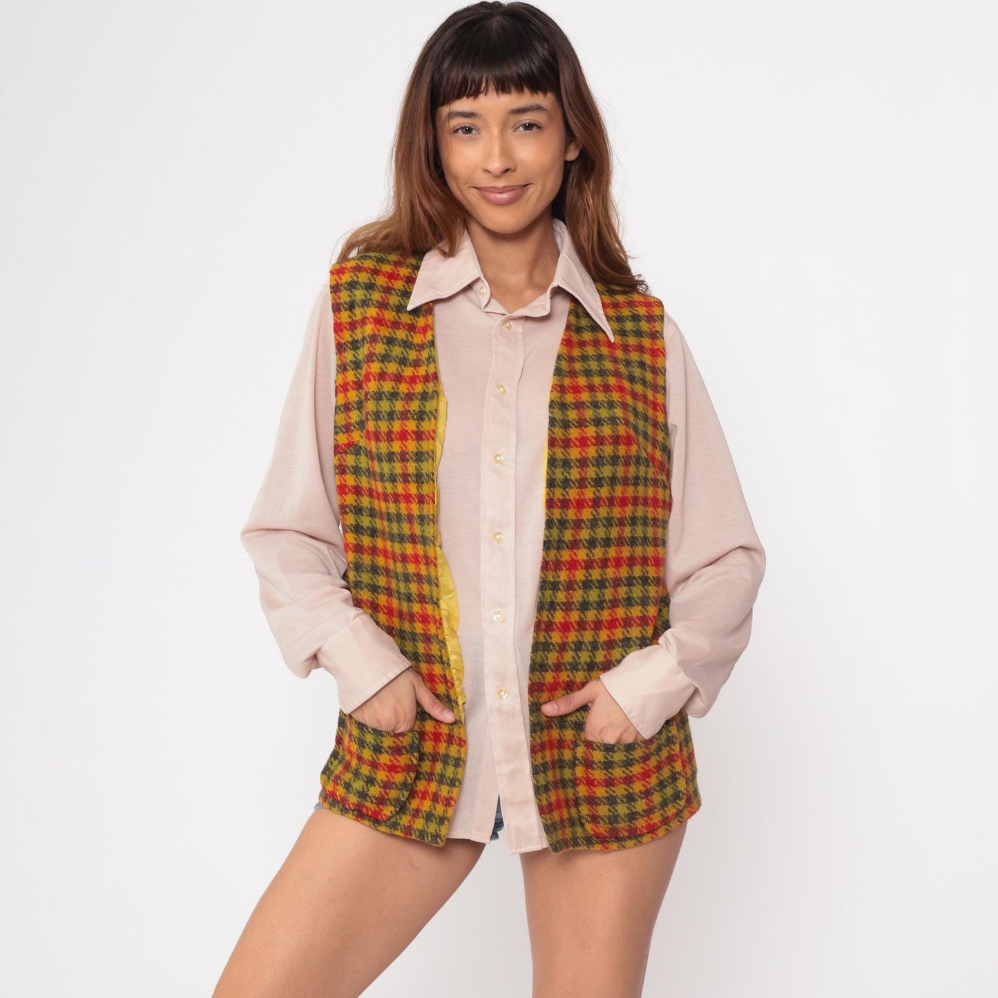 70s Plaid Wool Vest Mustard Red Green Tartan Check Small S