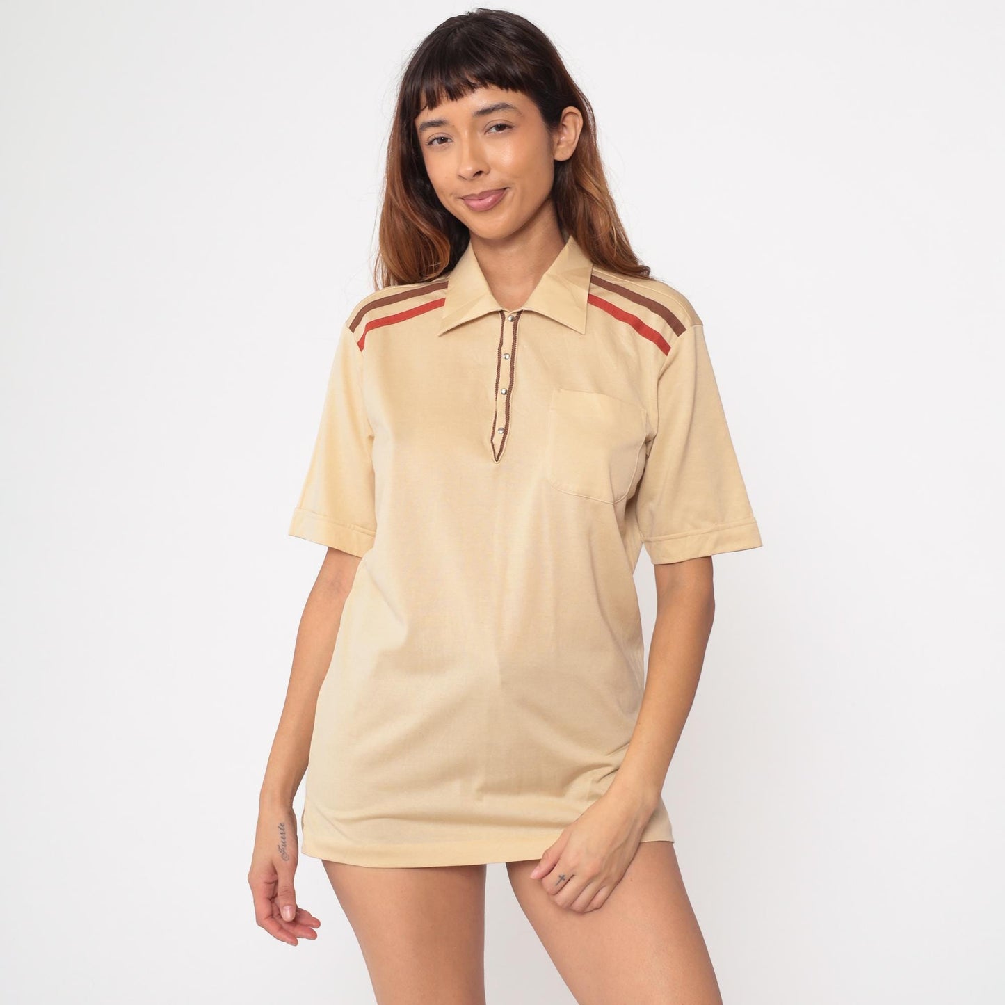 80s Davila Polo Shirt Beige Red Brown Striped Shoulder Medium