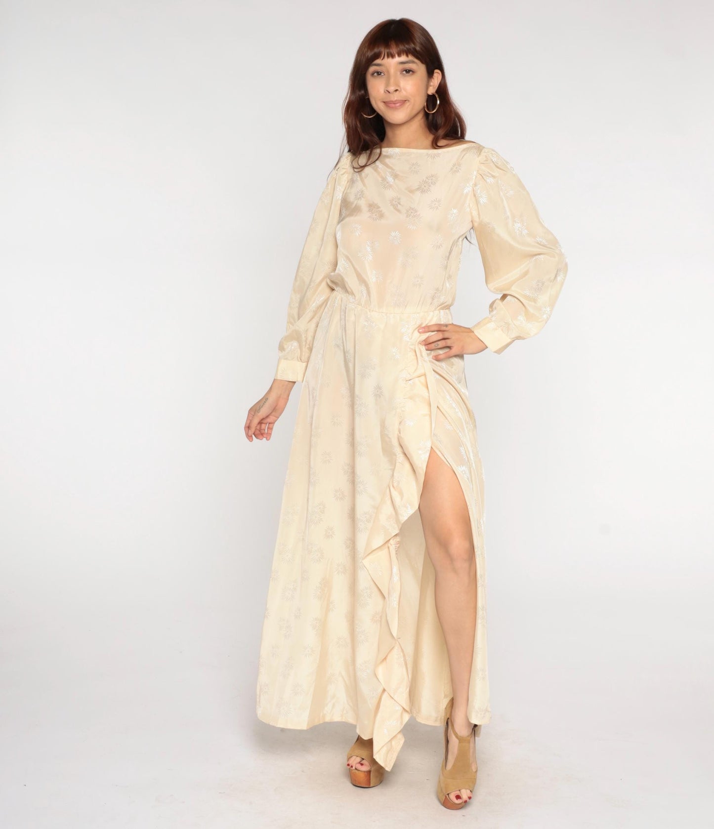 70s Cream Satin Maxi Dress Embroidered Ruffle Slit Bishop Sleeves Small