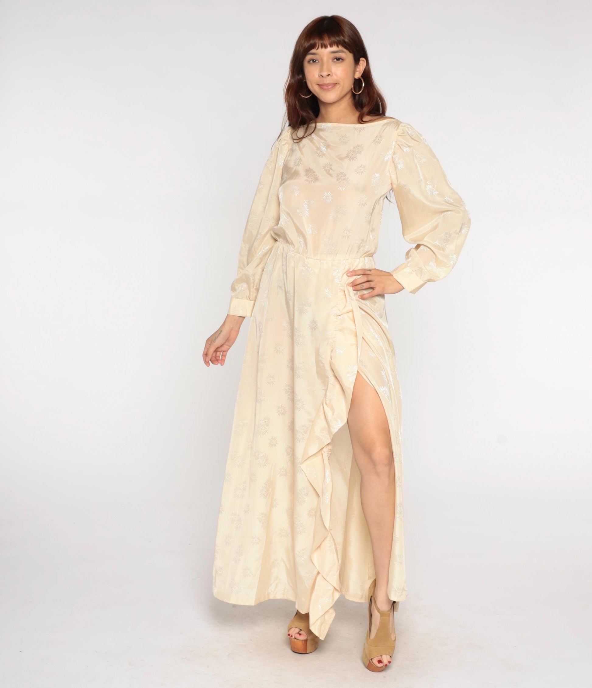 70s Cream Satin Maxi Dress Embroidered Ruffle Slit Bishop Sleeves Small