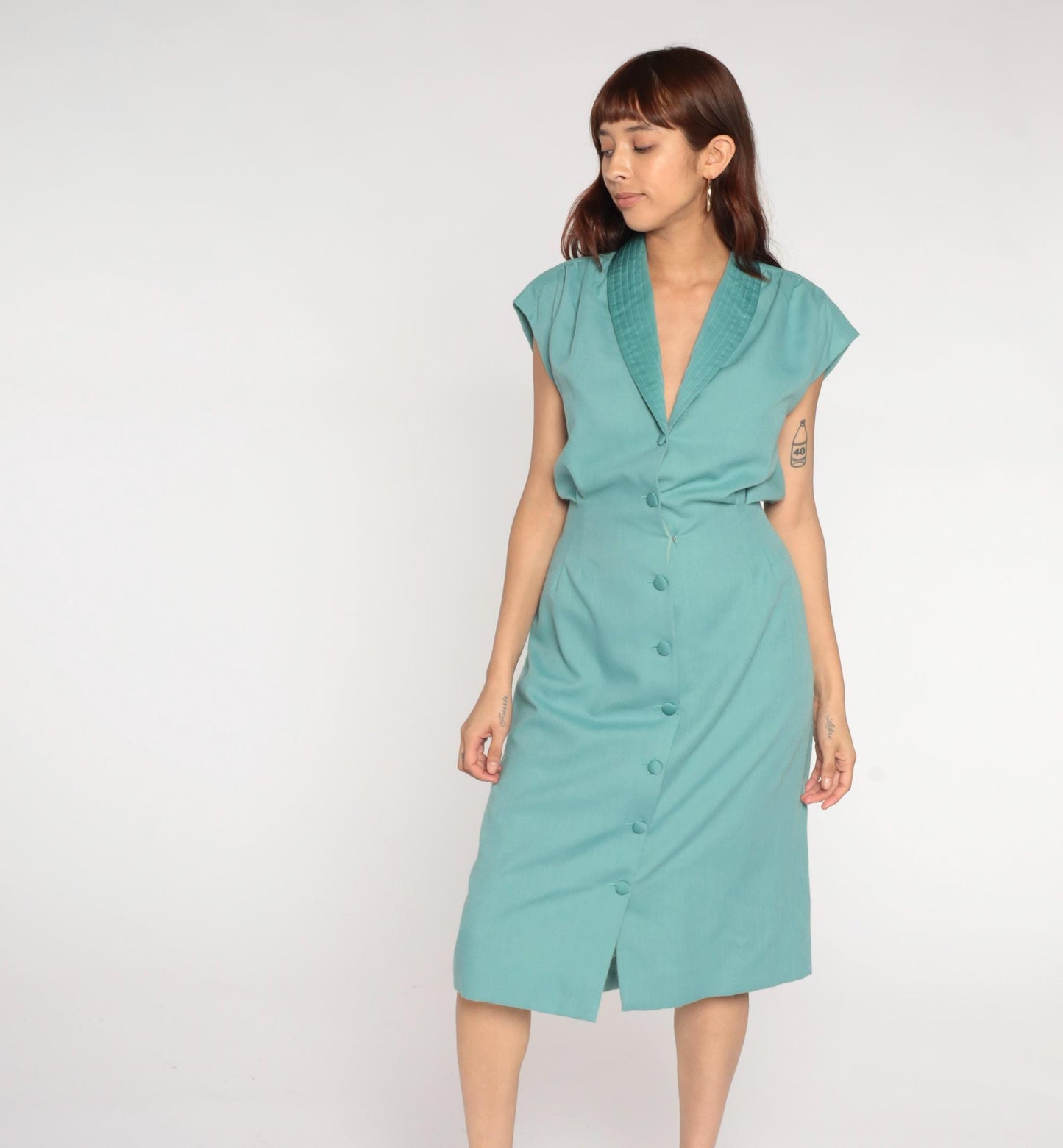 70s Turquoise Blazer Dress Quilted Collar Cap Sleeve Midi Tie Waist Large