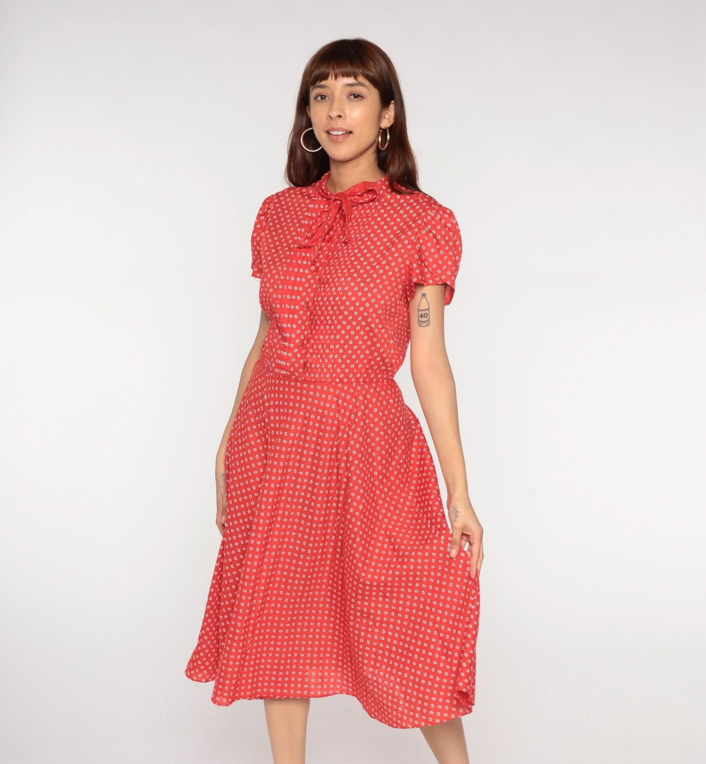 1970s Robbie Bee Red Geometric Diamond Print Midi Dress Bow Tie Medium