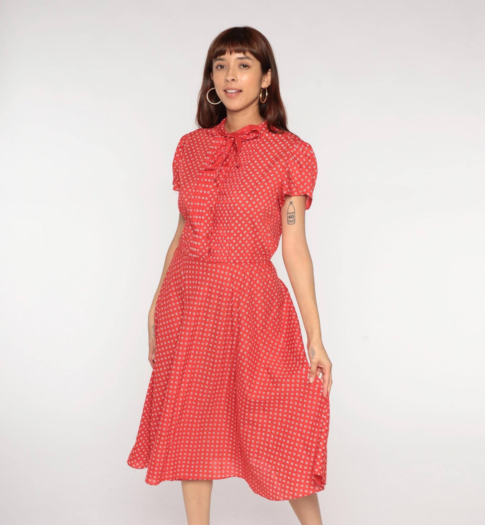 1970s Robbie Bee Red Geometric Diamond Print Midi Dress Bow Tie Medium