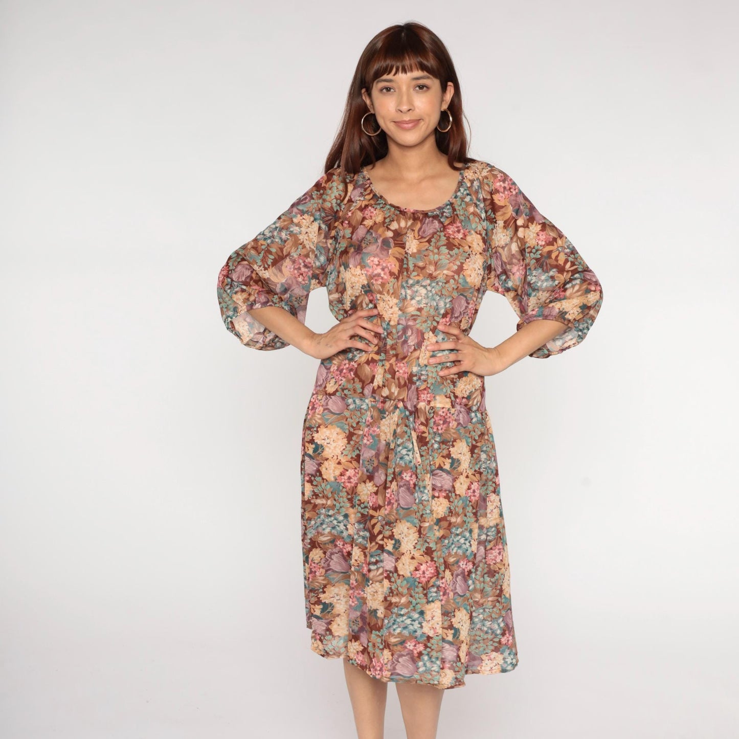 1970s Brown Floral Midi Dress Bishop Sleeve Earth Tone Mauve Teal Large
