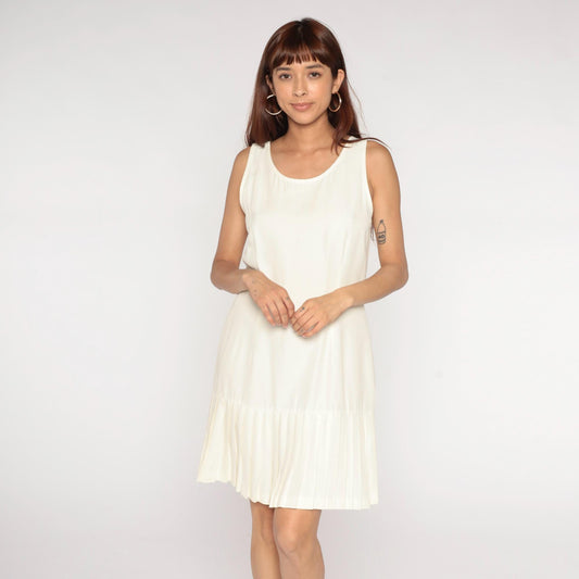 90s Ivory Sleeveless A-Line Dress Pleated Hem Drop Waist Scoop Neck Large