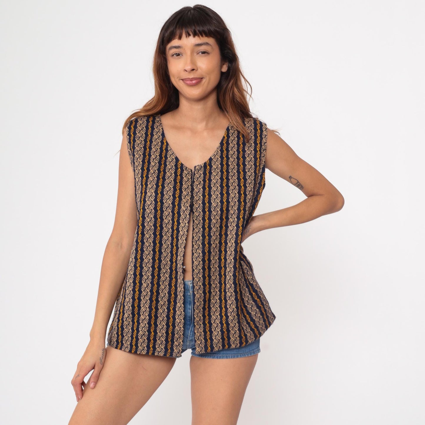 70s Geometric Woven Vest Navy Mustard Tan Stripe V-Neck Sleeveless Small Medium