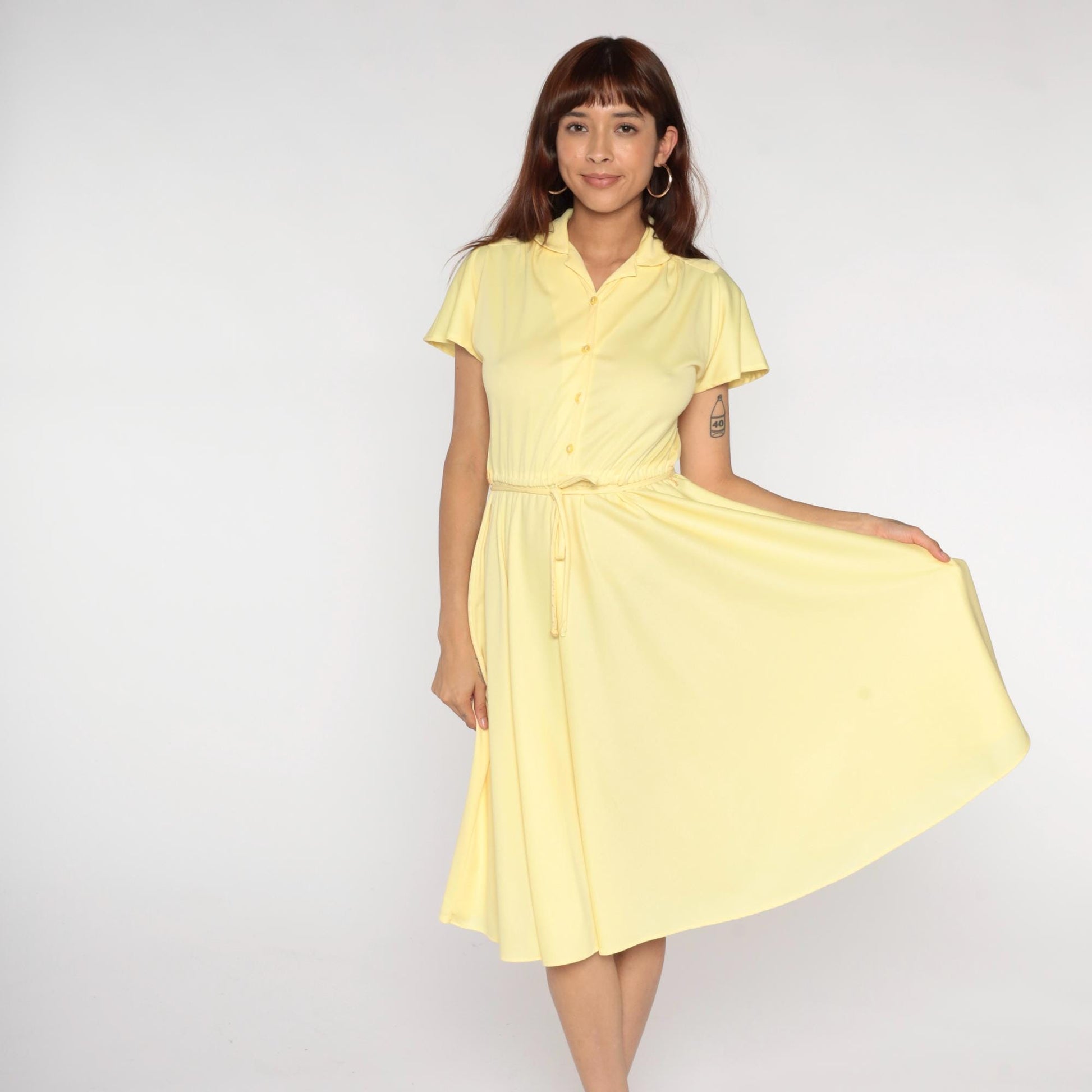 70s Union Made Pale Yellow Shirt Dress Midi Button Front Tie Belt Medium
