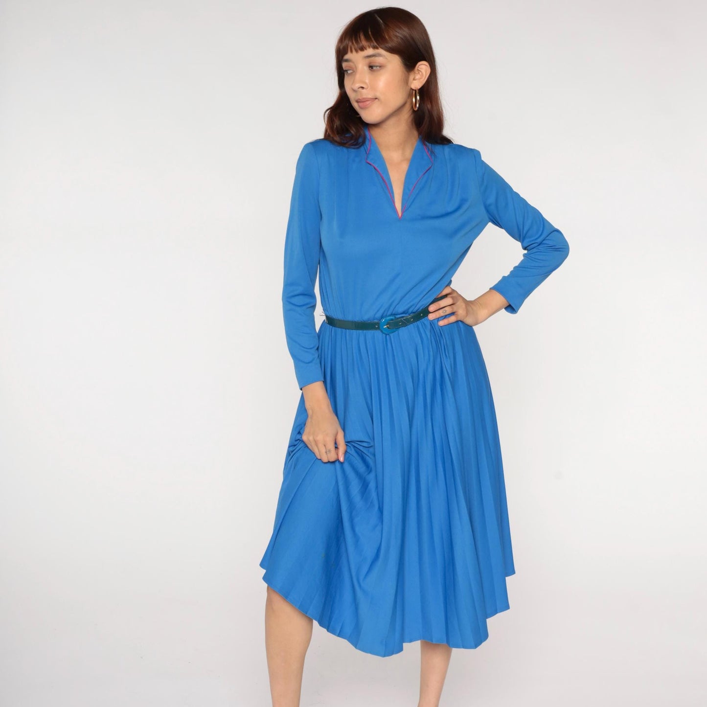 70s Royal Blue Midi Dress Red Piping Notch Collar Pleated Skirt Belt Medium Large