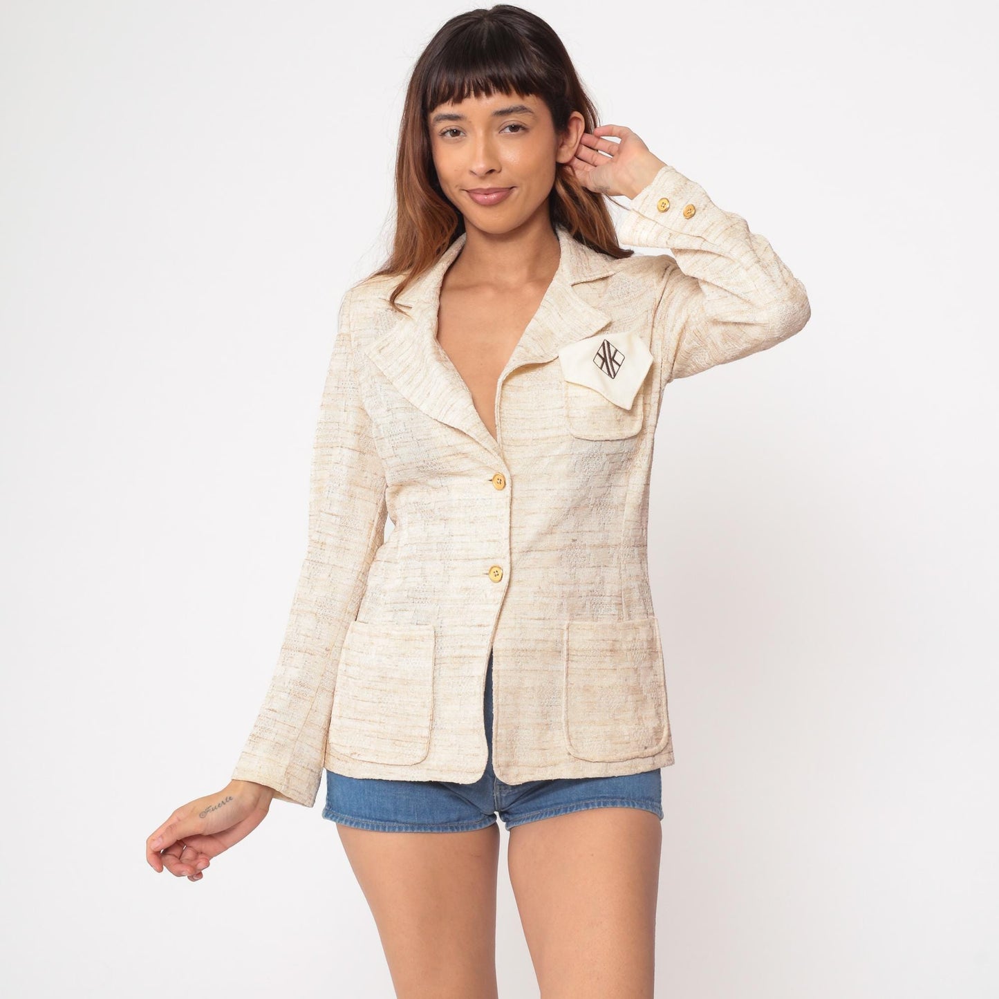 70s Kimberly Cream Blazer Textured Linen Blend Structured Button Front Small S