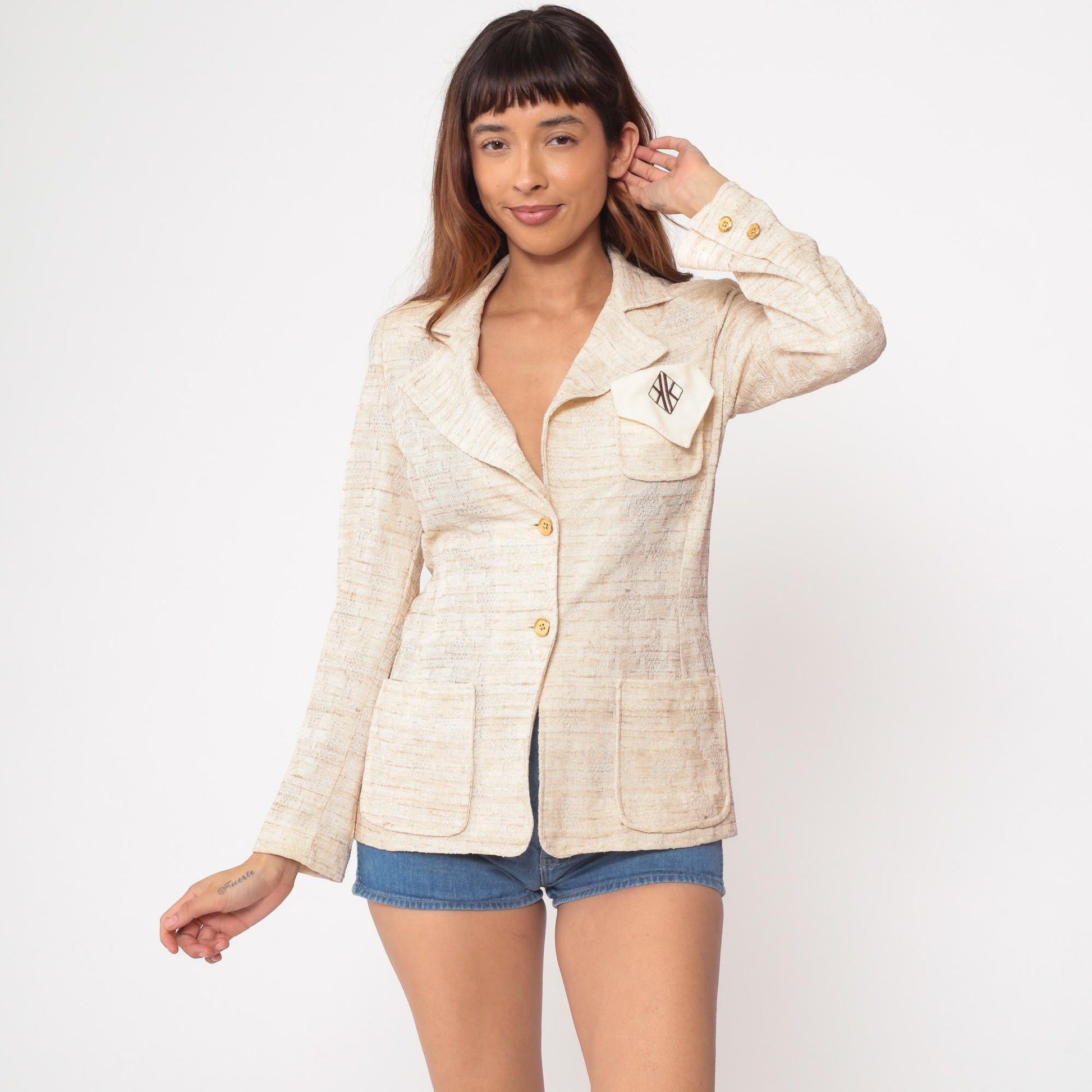 70s Kimberly Cream Blazer Textured Linen Blend Structured Button Front Small S