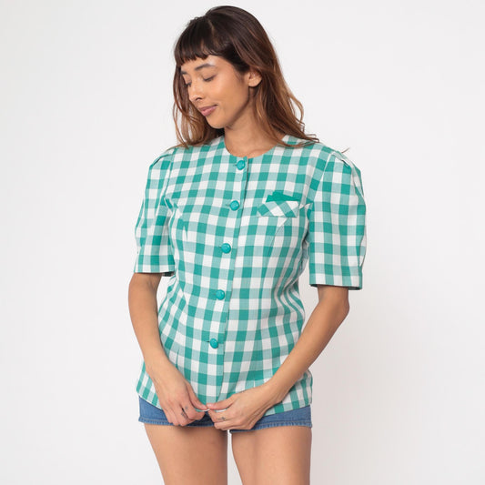 90s Via Sant Andrea Teal Gingham Button Up Blouse Short Puff Sleeve Medium