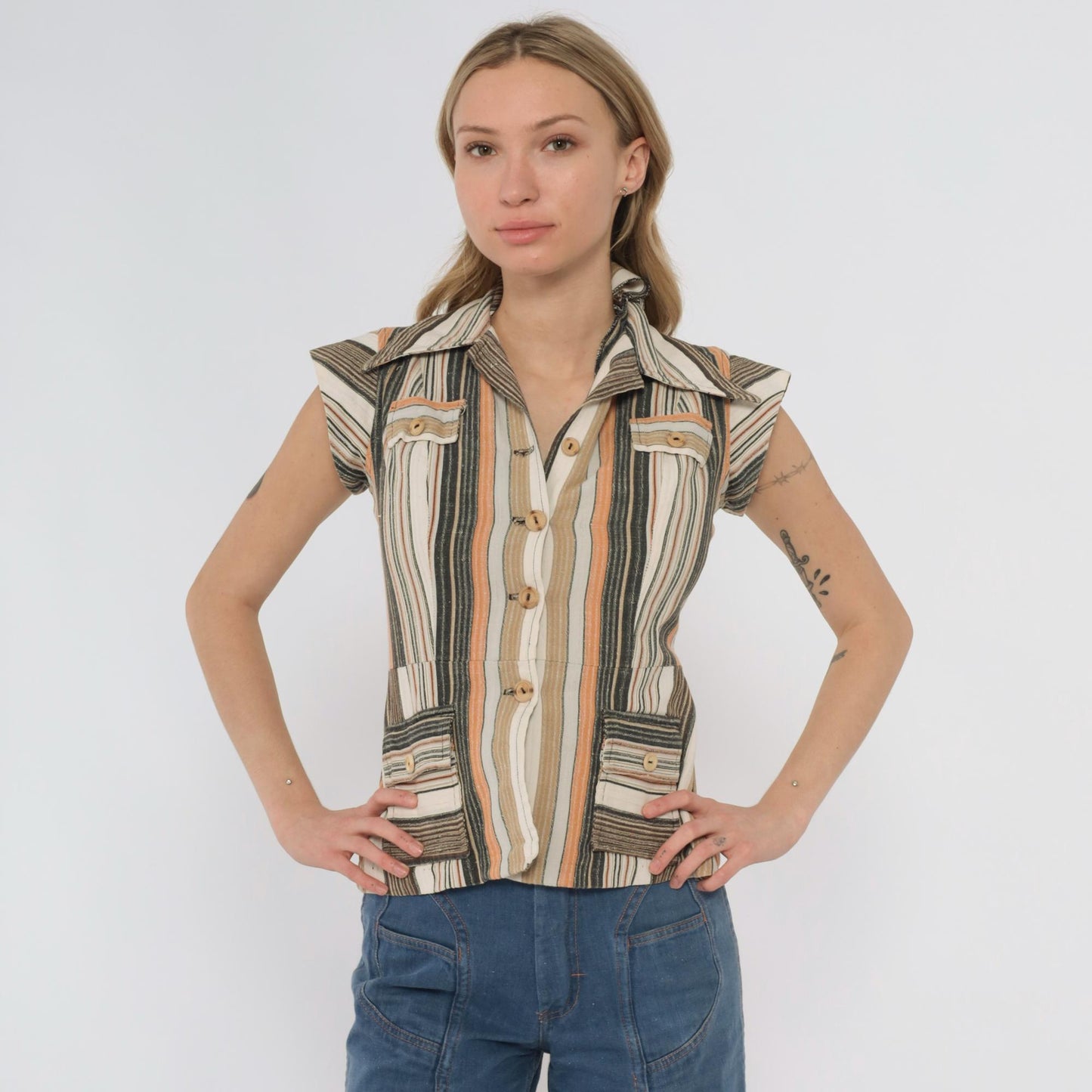 70s Earth Tone Striped Button-Front Blouse Cap Sleeve Pointed Collar XS