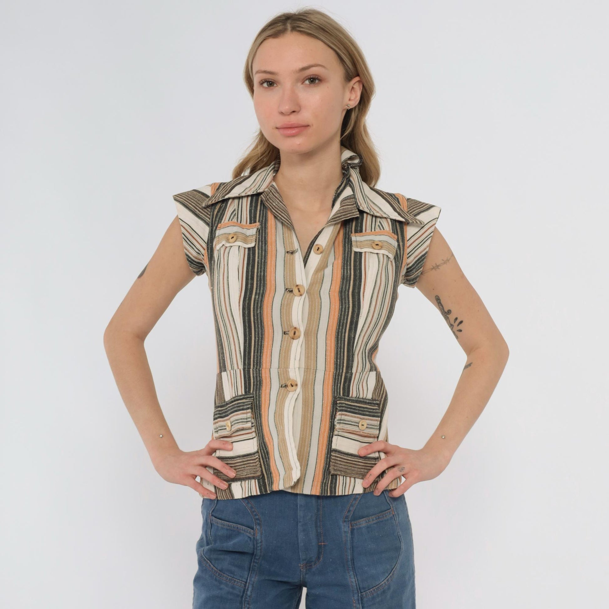 70s Earth Tone Striped Button-Front Blouse Cap Sleeve Pointed Collar XS