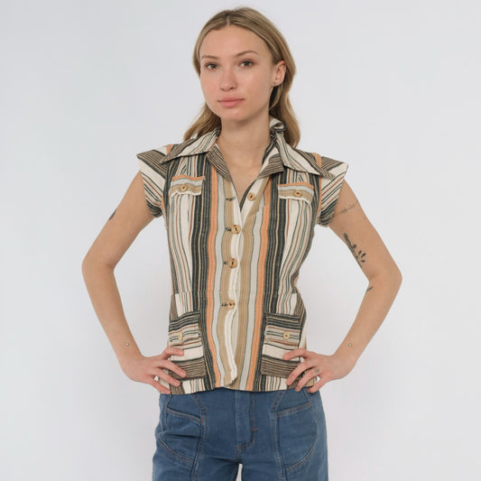 70s Earth Tone Striped Button-Front Blouse Cap Sleeve Pointed Collar XS