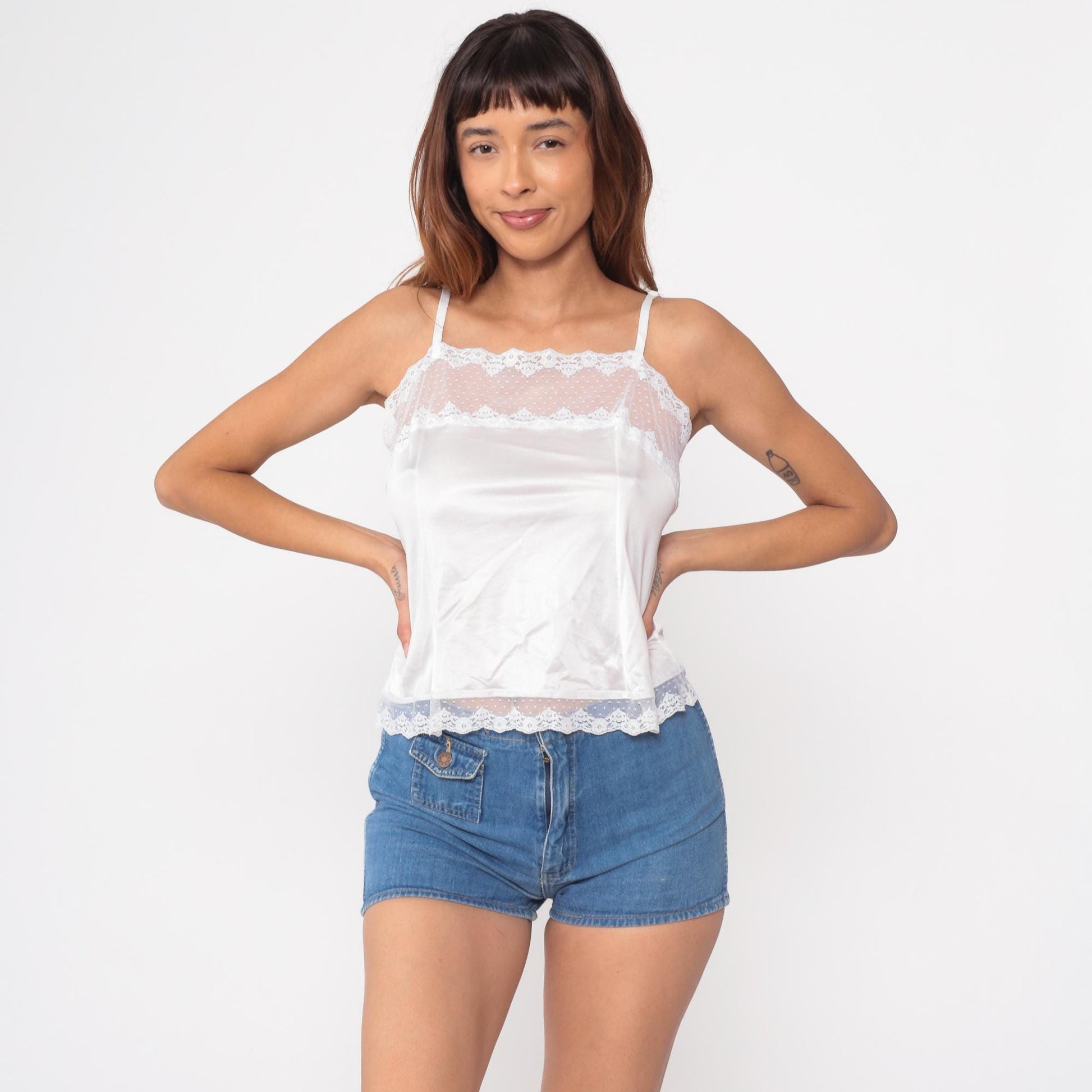 80s White Nylon Camisole Sheer Mesh Floral Lace Trim Tank Small