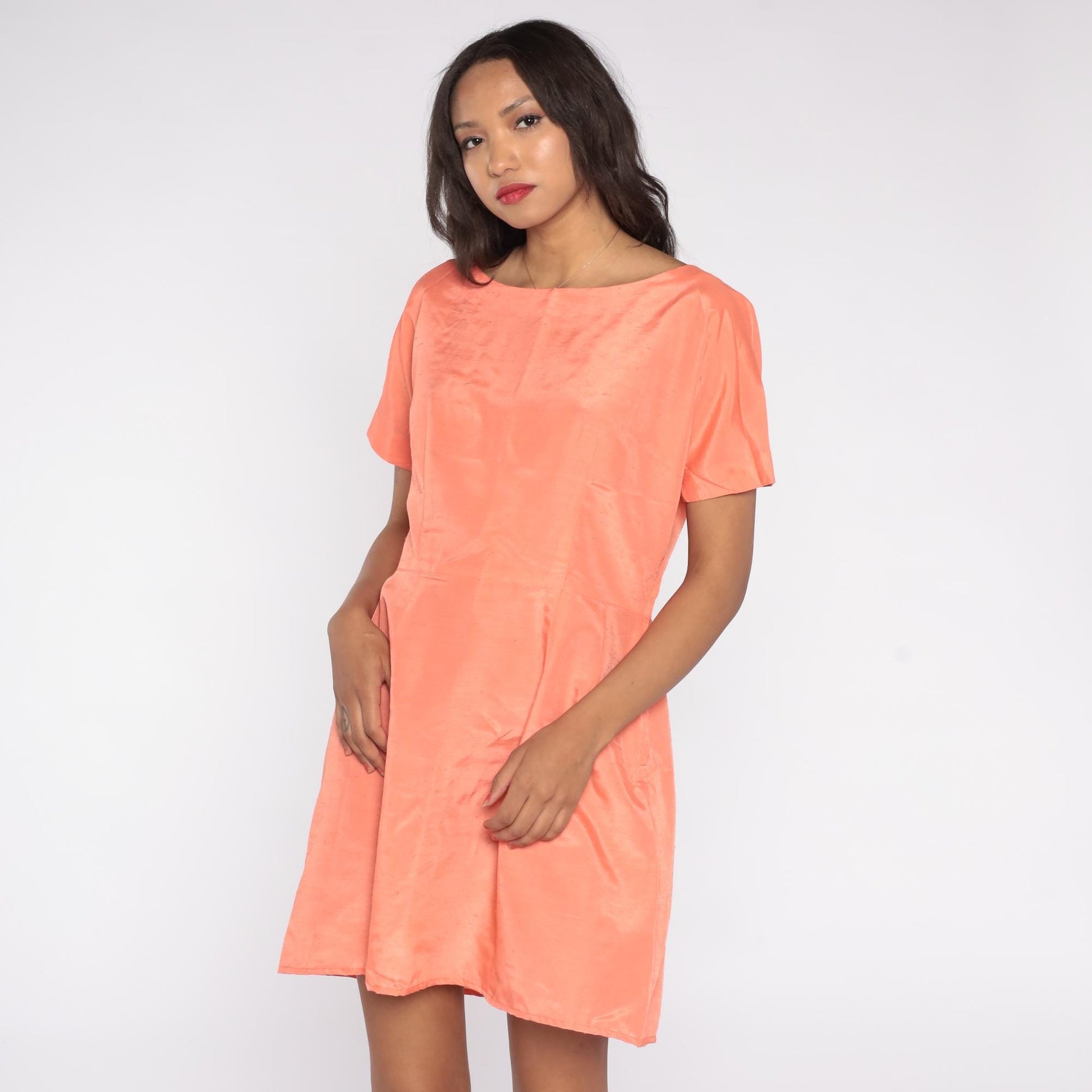 50s Coral Peach Boat Neck Midi A-Line Dress Short Sleeve Medium M