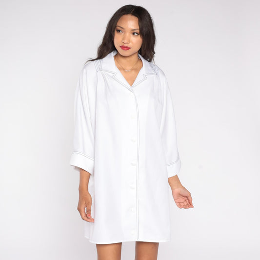 70s Mendel of Dallas White Shirt Dress Black Contrast Stitching Three Quarter Sleeve Extra Large XXL