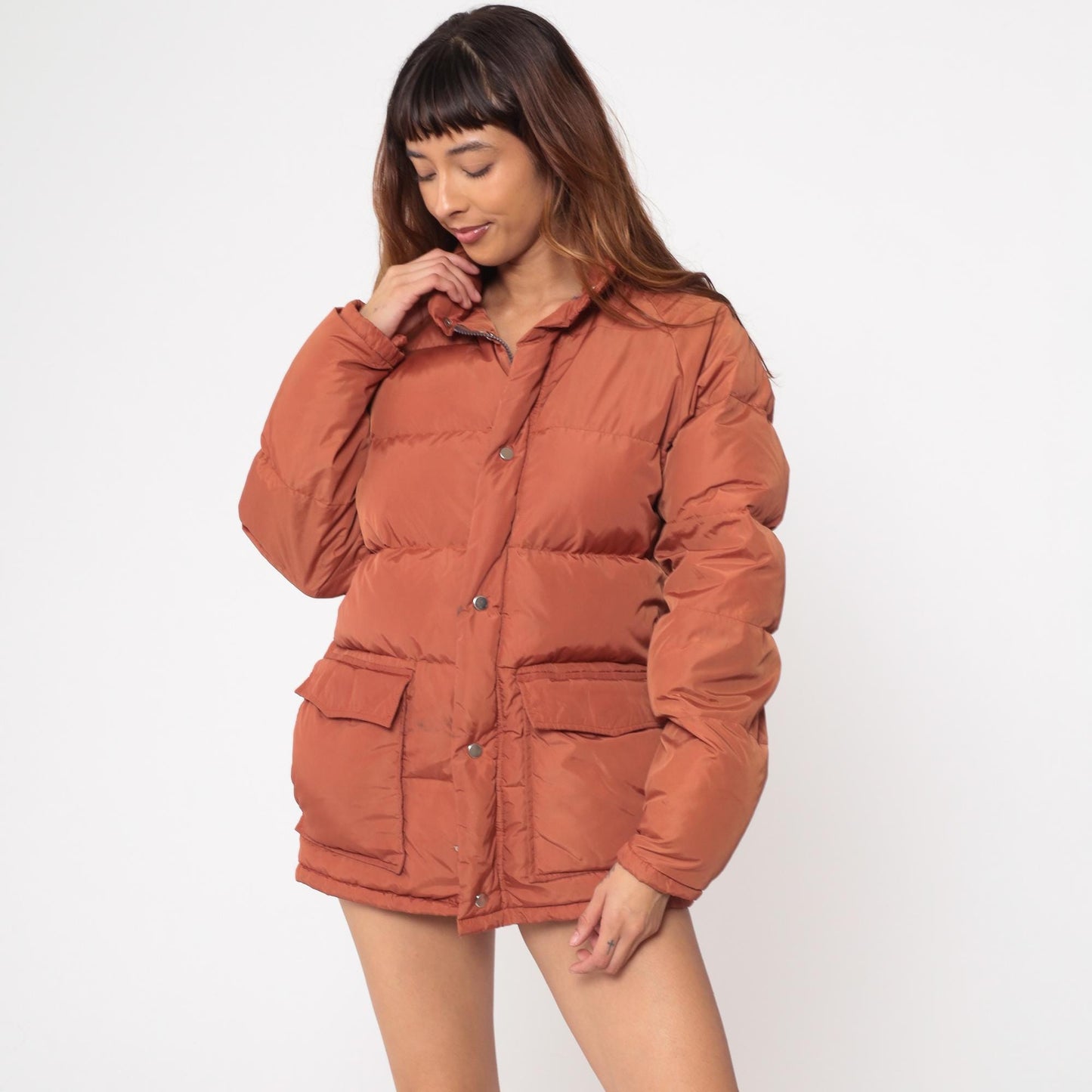 70s Put On Shop Sears Down Puffer Jacket Rust Orange Quilted Small