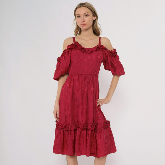 80s Burgundy Off-Shoulder Midi Dress Puff Sleeve Tiered Ruffle Small