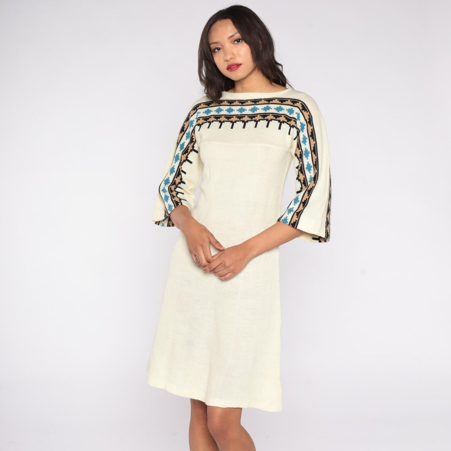 70s Cream Knit Sweater Dress Geometric Yoke Midi Flared Sleeve Small