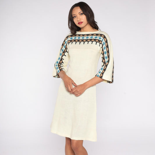 70s Cream Knit Sweater Dress Geometric Yoke Midi Flared Sleeve Small